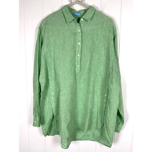 J. McLaughlin 100% Linen Green Popover 1/4 Button Collared Oversized Blouse SZ L - Picture 1 of 7